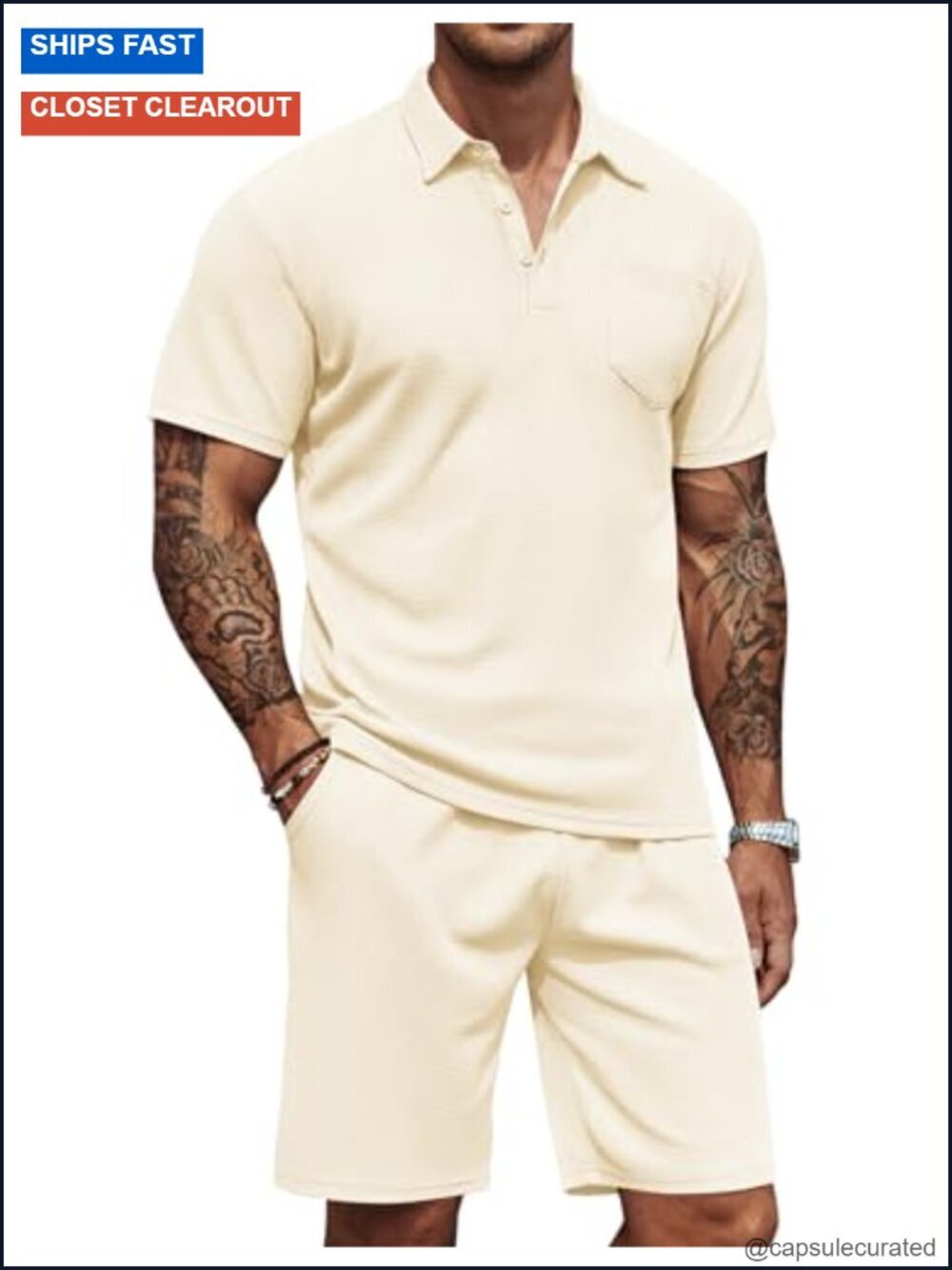Men's Waffle Knit Polo Shirt and Shorts Set 2 Piece Outfit Casual Tracksuit